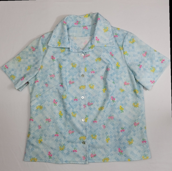 Vtg Spring Flowers Print Button Front Short Sleeve Top - Picture 1 of 11